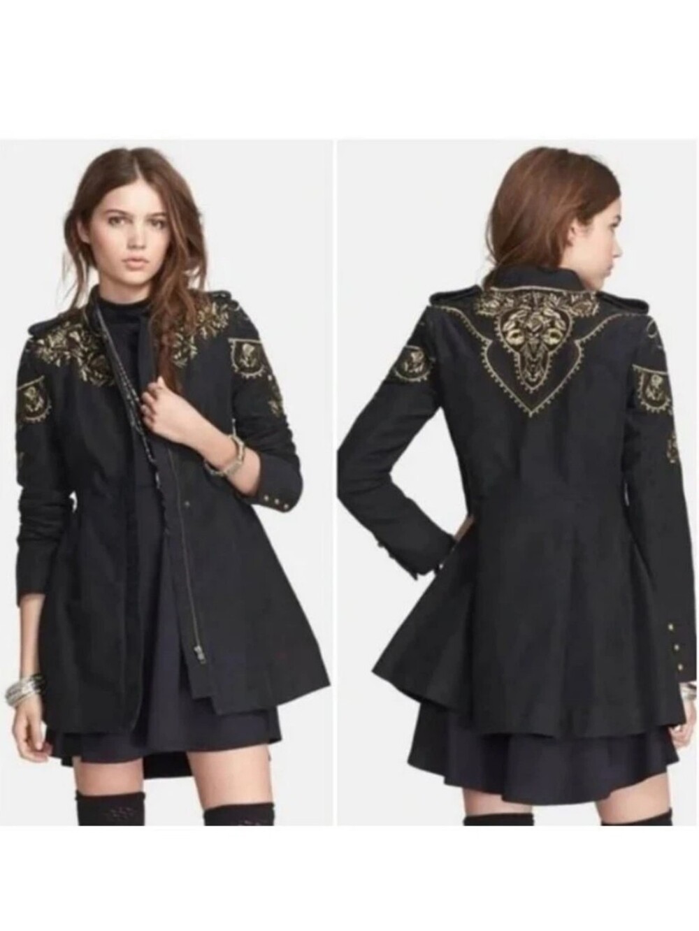 Free People Sergeant Coat Embroidered Charcoal Gray Military Zip Button Jacket 4 - Picture 2 of 16